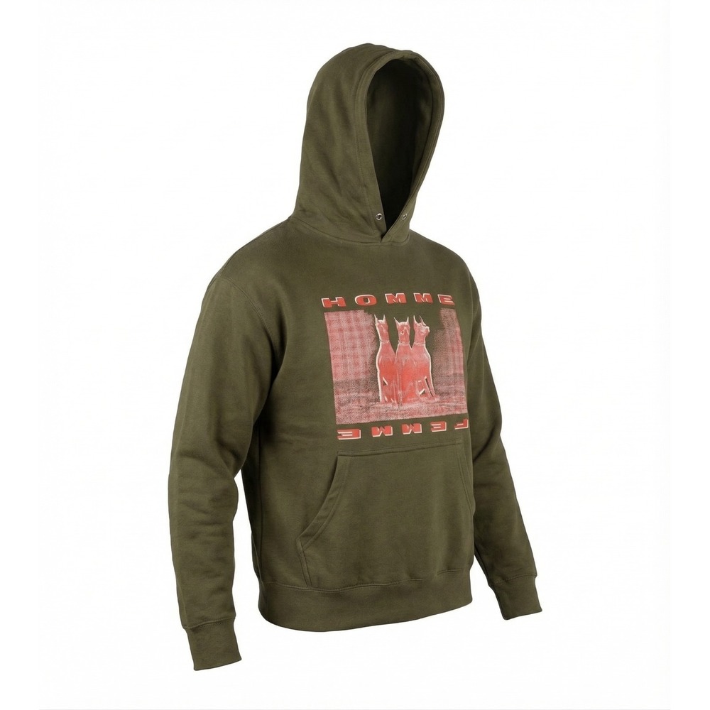 Homme + Femme Doberman Hoodie XL Olive Green Graphic Pullover Streetwear NWT
